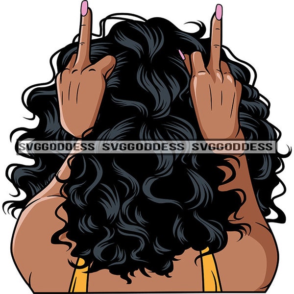 Woman Back View Showing Middle Finger Ghetto Hipster Long Nails Black Curly Hairstyle SVG JPG PNG Vector Clipart Cricut Silhouette  Cutting