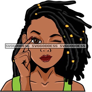 Afro Woman Zeigefinger Winking Bambus Hoop Ohrringe Schwarz Mädchen Locken Frisur SVG JPG PNG Vektor Clipart Cricut Silhouette Cutting
