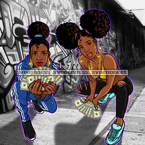 Afro Women Holding Money 100 Dollar Bill Hustler Melanin Black Girls Magic Pigtails Bun Hair JPG PNG Design Cricut Silhouette Cut Cutting
