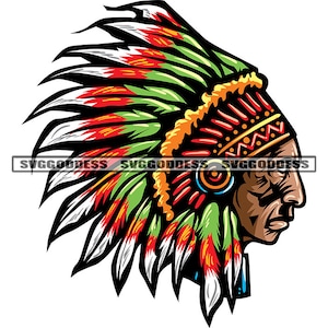 May include: A profile view of a Native American man wearing a colorful headdress with red, green, yellow, and white feathers. The headdress is decorated with geometric patterns.