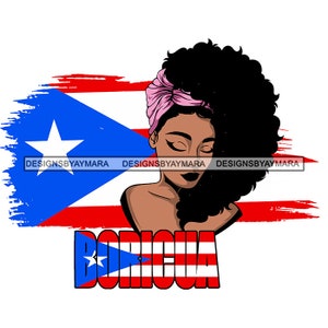 Afro Latina Queen Woman Puerto Rico Flag Proud Boricua Headwrap Puffy Afro Hairstyle SVG JPG PNG Vector Clipart Cricut Silhouette Cutting