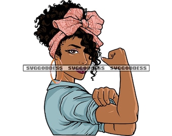 Melanin Woman Flexing Power Pink Headband Wrap Curly Hairstyle Nubian Hoop Earrings SVG JPG PNG Vector Designs Cricut Silhouette Cut Cutting