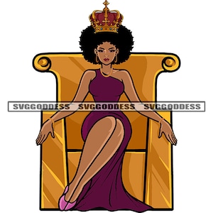 Black Queen Woman Sitting Throne Crown Afro Hair Melanin Nubian African American SVG JPG PNG Vector Designs Cricut Silhouette Cut Cutting