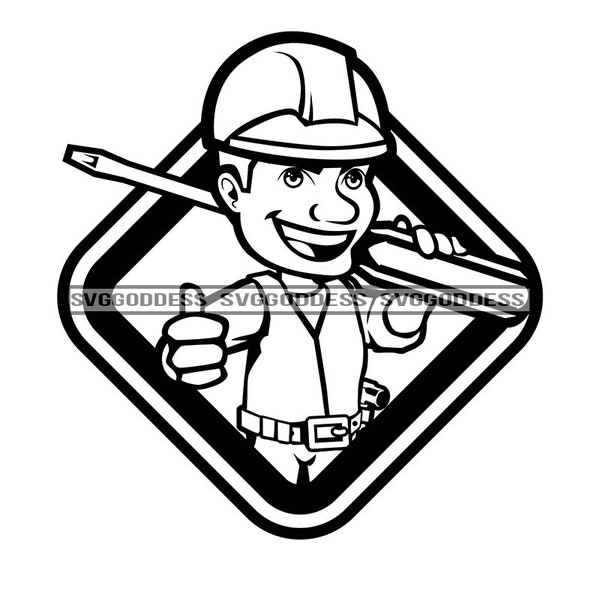 Afro Handy Man Construction Worker Holding Screw Driver Helmet Vest Strong Safety B/W SVG JPG PNG Clipart Design Cricut Silhouette Cutting