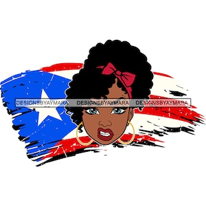Peut inclure: Illustration numérique d'une fille noire avec un nœud rouge dans les cheveux, regardant vers la droite. Elle est devant un drapeau portoricain délavé et détérioré.