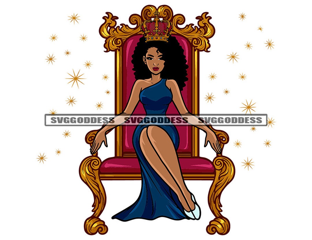 Queen Sitting Throne Royalty Royal Gold Crown Blue Dress Melanin Woman