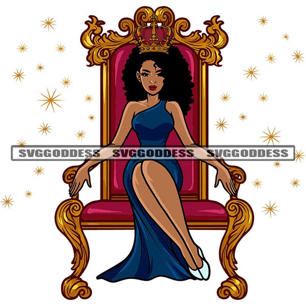 Queen Sitting Throne Royalty Royal Gold Crown Blue Dress Melanin Woman Afro Hair SVG JPG PNG Vector Designs Cricut Silhouette Cut Cutting