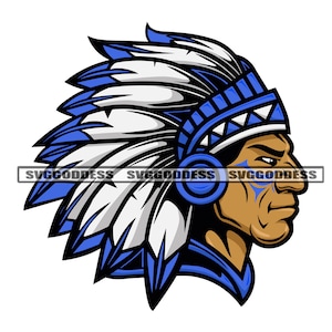 May include: A profile view of a Native American man wearing a blue and white headdress with feathers. He has blue paint on his face and a serious expression.