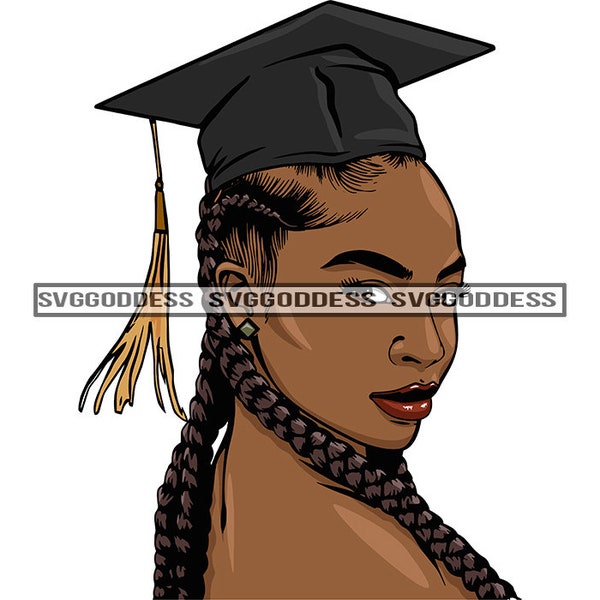 Afro Woman Graduate Side View Nubian Wearing Black Graduation Cap Braids Hairstyle SVG JPG PNG Vector Clipart Cricut Silhouette Cut Cutting