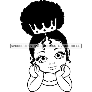 Afro Mignon Bébé Fille Posant Adorable Grand Beaux Yeux Couronne Puffy Up Do Cheveux B / W SVG JPG PNG Design Clipart Cricut Silhouette Coupe