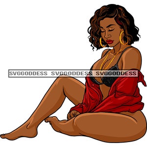 Stunning Curvy Woman Sitting Floor Sexy Black Bra Silky Red Blouse Short Wavy Hairstyle SVG JPG PNG Vector Clipart Cricut Silhouette Cutting
