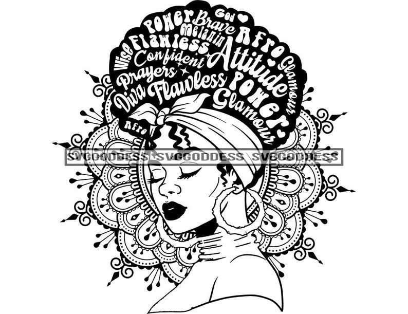 Afro Woman Turban Headband Hair Quotes Powerful Nubian Melanin Black Girl Magic SVG JPG PNG Vector Clipart Cricut Silhouette Cut Cutting