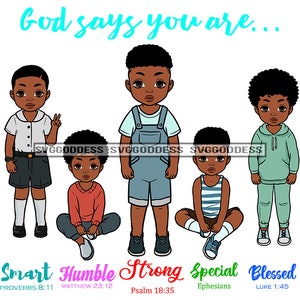 Afro Crianças Meninos Juntos Deus Diz Que Você É Abençoado Vida Humilde Citações Paz Sinal De Mão SVG JPG PNG Design Clipart Cricut Silhueta Corte