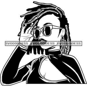 Afro Woman Wearing Big Fashion Sunglasses Melanin Popping Black Dreadlocks Hair B/W SVG JPG PNG Vector Clipart Cricut Silhouette Cut Cutting