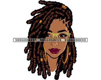 Pretty Black Woman Locs Dreads Dreadlocks Hairstyle Melanin Lady Glasses Red Lips SVG JPG PNG Vector Designs Cricut Silhouette Cut Cutting