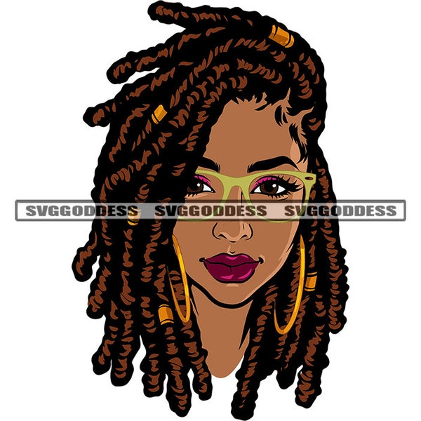 Pretty Black Woman Locs Dreads Dreadlocks Hairstyle Melanin Lady Glasses Red Lips SVG JPG PNG Vector Designs Cricut Silhouette Cut Cutting