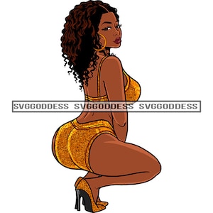 Curvy Girl Squatting Glitter Two Pieces Outfit Bikini Bra High Heels Curly Hairstyle SVG JPG PNG Vector Clipart Cricut Silhouette Cutting