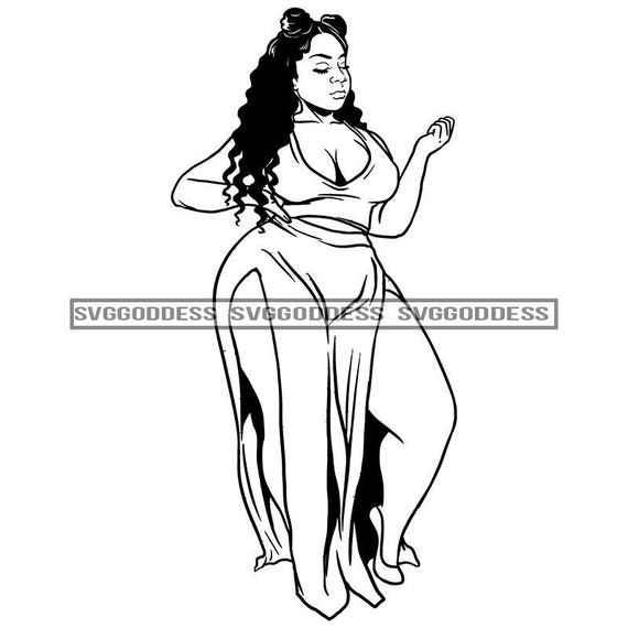 Afro Woman Beautiful Plus Size Curvy Breast Bodacious Sexy Outfit Curly  Hairstyle B/W SVG JPG PNG Vector Clipart Cricut Silhouette Cutting