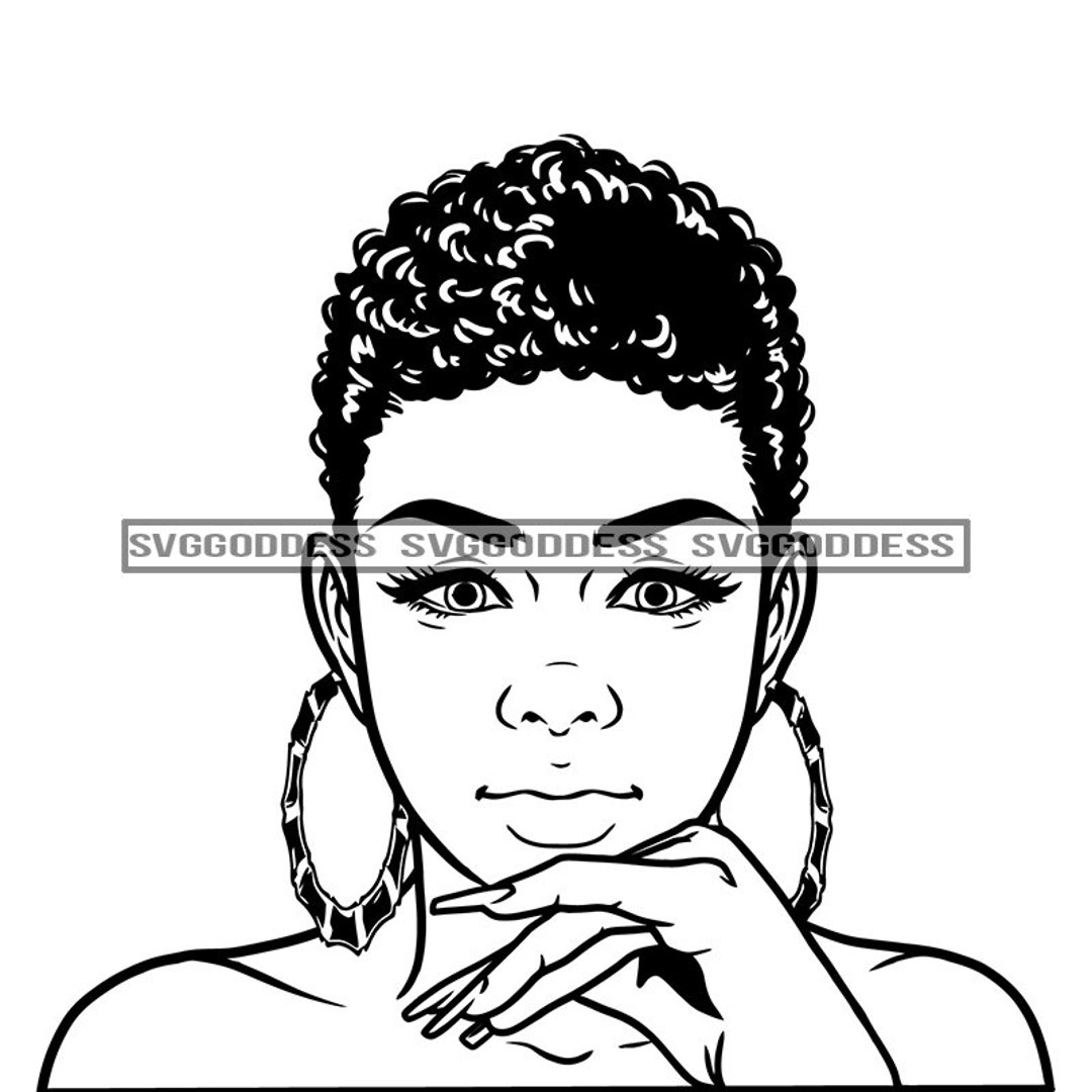 Afro Woman Face Only Portrait Beautiful Big Eyes Earrings Sexy Girl Short Hairstyle B W Svg