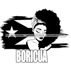 Afro Latina Queen Woman Puerto Rico Flag Boricua Headwrap Puffy Afro Hairstyle B/W SVG JPG PNG Vector Clipart Cricut Silhouette Cut Cutting