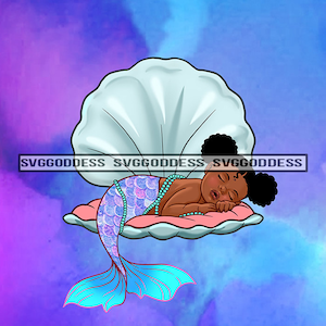 Afro Baby Girl Sleeping On Clam Shell Mermaid Pigtails Blue Background Green Purple Tail JPG PNG Design Clipart Cricut Silhouette Cutting