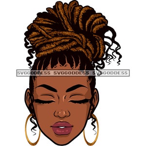Afro Frau Schließen Augen Dreadlocks Up Do Bun Frisur Dope Bambus Hoop Ohrringe Diva Nubian JPG PNG Clipart Cricut Silhouette Cut Cutting