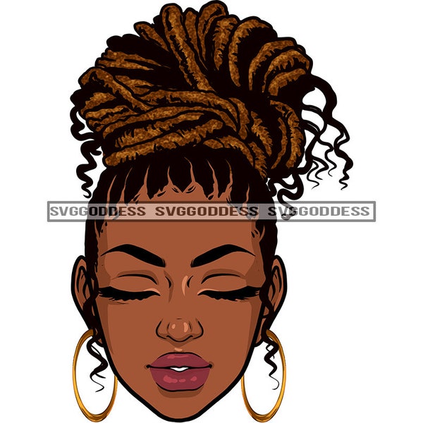 Afro Woman Closing Eyes Dreadlocks Up Do Bun Hairstyle Dope Bamboo Hoop Earrings Diva Nubian JPG PNG  Clipart Cricut Silhouette Cut Cutting