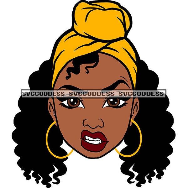 Afro Woman Mad Angry Mean Face Bamboo Hoop Earrings Matching Headband Black Girl Magic SVG JPG PNG Vector Clipart Cricut Silhouette Cutting