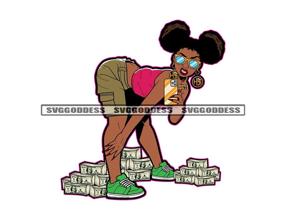 Afro Woman Twerking Money Stacks Angry Mean Face Selfie Gangster Pigtails Sunglasses SVG JPG PNG Vector Clipart Cricut Silhouette Cutting