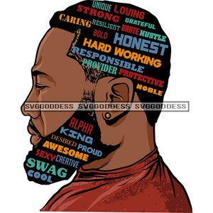 Pode incluir: Uma ilustração digital da cabeça de um homem com barba. A cabeça do homem está cheia de palavras que descrevem traços de caráter positivos, como "forte", "honesto", "carinhoso", "responsável", "protetor" e "nobre". A barba está cheia de palavras que descrevem traços de personalidade positivos, como "alfa", "rei", "impressionante", "swag" e "cool".