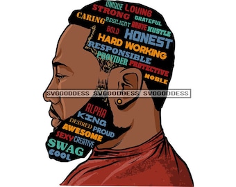 Afro Bearded Black Man Life Quotes Side View Handsome Manly Mustache Beard Masculine SVG JPG PNG Vector Clipart Cricut Silhouette Cutting