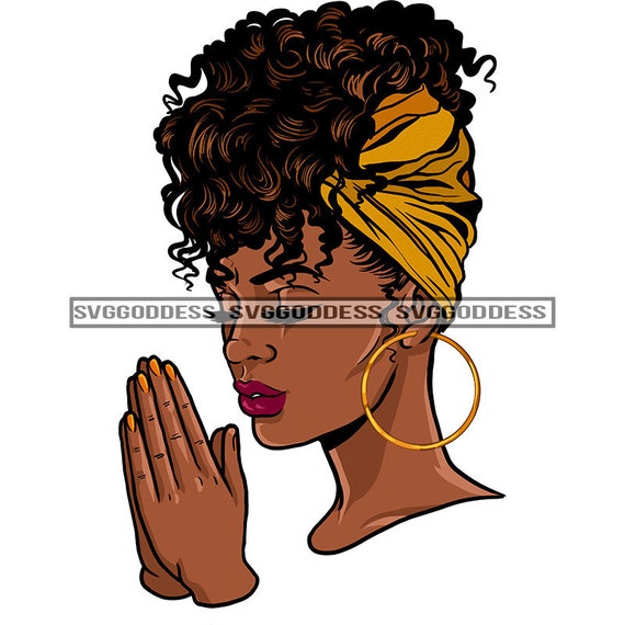 Afro Woman Praying Wearing Turban Earrings Side View Profile 