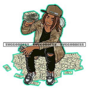 Black Man Sitting Money Stacks Showing Off Bragging Wearing Baseball Cap Dreadlocks Locs Hairstyle SVG JPG PNG Vector Design Cricut Cutting