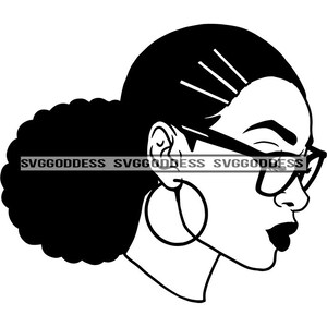 Afro Woman Face Wearing Glasses Bun Puff Hairstyle Melanin Popping Black Girl Magic SVG JPG PNG Vector Clipart Cricut Silhouette Cut Cutting