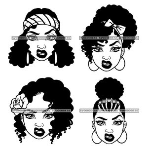 Bundle 4 Afro Woman Mean Mad Upset Face Melanin Make Up Goddess Nubian Black Girl Magic SVG JPG PNG Vector Clipart Cricut Silhouette Cutting