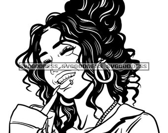 Afro Woman Face Ghetto Hand Gestures Attitude Bamboo Hoop Earrings Curly Hair  B/W SVG JPG PNG Vector Clipart Cricut Silhouette Cut Cutting