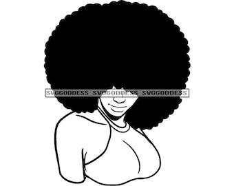 Afro Woman Hair Covering Eyes Side View Portrait Profile Head Only Puffy Afro Hairstyle B/W SVG JPG PNG Designs Cricut Silhouette Cutting