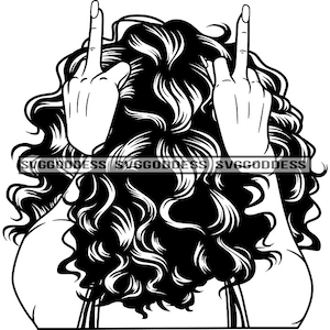 中指を立てた女性の後ろ姿 ゲットー ヒップスター 長い爪 黒の巻き毛 白黒 SVG JPG PNG ベクター クリップアート Cricut シルエット カッティング