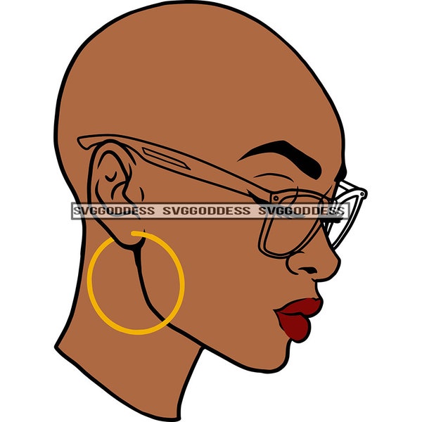 Afro Woman Wearing Glasses Bamboo Earrings Bald Hairstyle Melanin Black Girl Magic SVG JPG PNG Vector Clipart Cricut Silhouette Cutting Cut