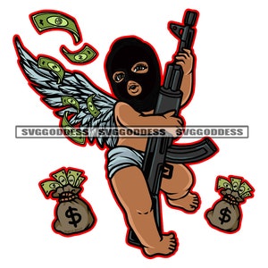 Gangster Baby Angel Boy che indossa la maschera da sci Ladro che tiene Riffle Wings Money Bags Cash Flying SVG JPG PNG Vector Design Cricut Cut Cutting