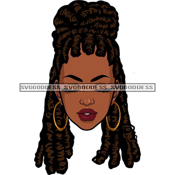 Mujer Afro Cerrando Ojos Dreadlocks Up Do Bun Peinado Dope Bamboo Hoop Pendientes Melanina Nubian JPG PNG Clipart Cricut Silhouette Cutting