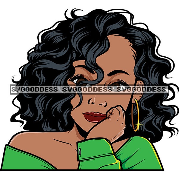 Afro Woman Deep Thoughts Wearing Top Hoop Earrings  Black Girl Magic Short Hairstyle SVG JPG PNG Vector Clipart Cricut Silhouette Cutting