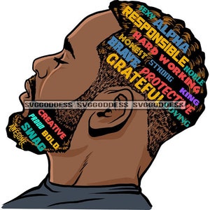 Afro Bearded Black Man Life Quotes Side View Handsome Manly Mustache Beard Masculine SVG JPG PNG Vector Clipart Cricut Silhouette Cutting