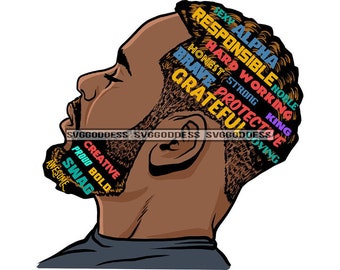 Afro Bearded Black Man Life Quotes Side View Handsome Manly Mustache Beard Masculine SVG JPG PNG Vector Clipart Cricut Silhouette Cutting