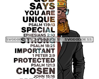 Afro King God Says You Are Unique Religious Quotes Black Man Power Half Face Crown King Beard SVG JPG PNG Design Cricut Silhouette Cutting