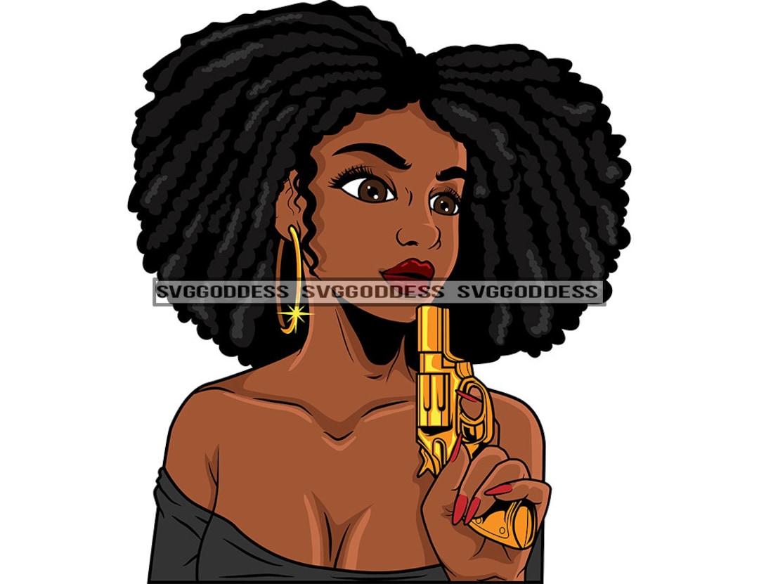 Afro Woman Holding Gun Gangster Weapon Sexy Black Girl Magic Dreadlocks  Hairstyle SVG JPG PNG Vector Clipart Cricut Silhouette Cut Cutting 