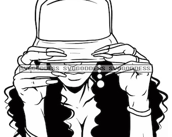 Afro Woman Face Ghetto Hand Gestures Attitude Bamboo Earrings Cap Curly Hair  B/W SVG JPG PNG Vector Clipart Cricut Silhouette Cut Cutting
