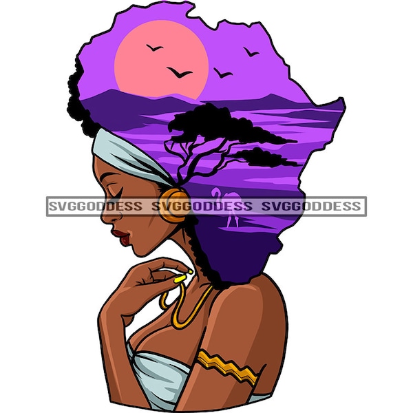 Afro Woman Side View Profile Melanin African Safari Head Map Purple Background Blue Top Earrings JPG PNG Designs Cricut Silhouette Cutting