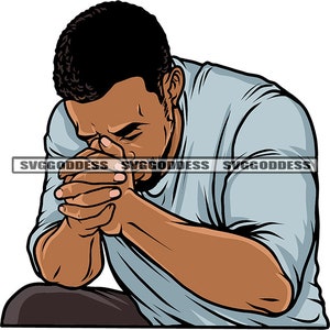 May include: A man with short black hair is kneeling with his hands clasped in prayer. He is wearing a light blue shirt and dark pants.