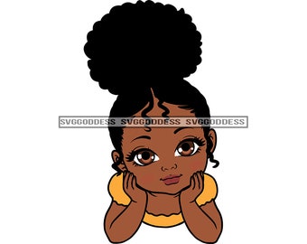 Afro Carino Bambina in posa Giallo Top Big Beautiful Eyes Puffy Up Do Flicks Acconciatura SVG JPG PNG Design Clipart Cricut Silhouette Taglio